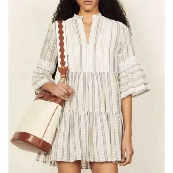 SANDRO • Ecru/White/Navy Stephanie Stripe Boho Lace-Trim Tiered Mini Dress, S - Picture 16 of 16